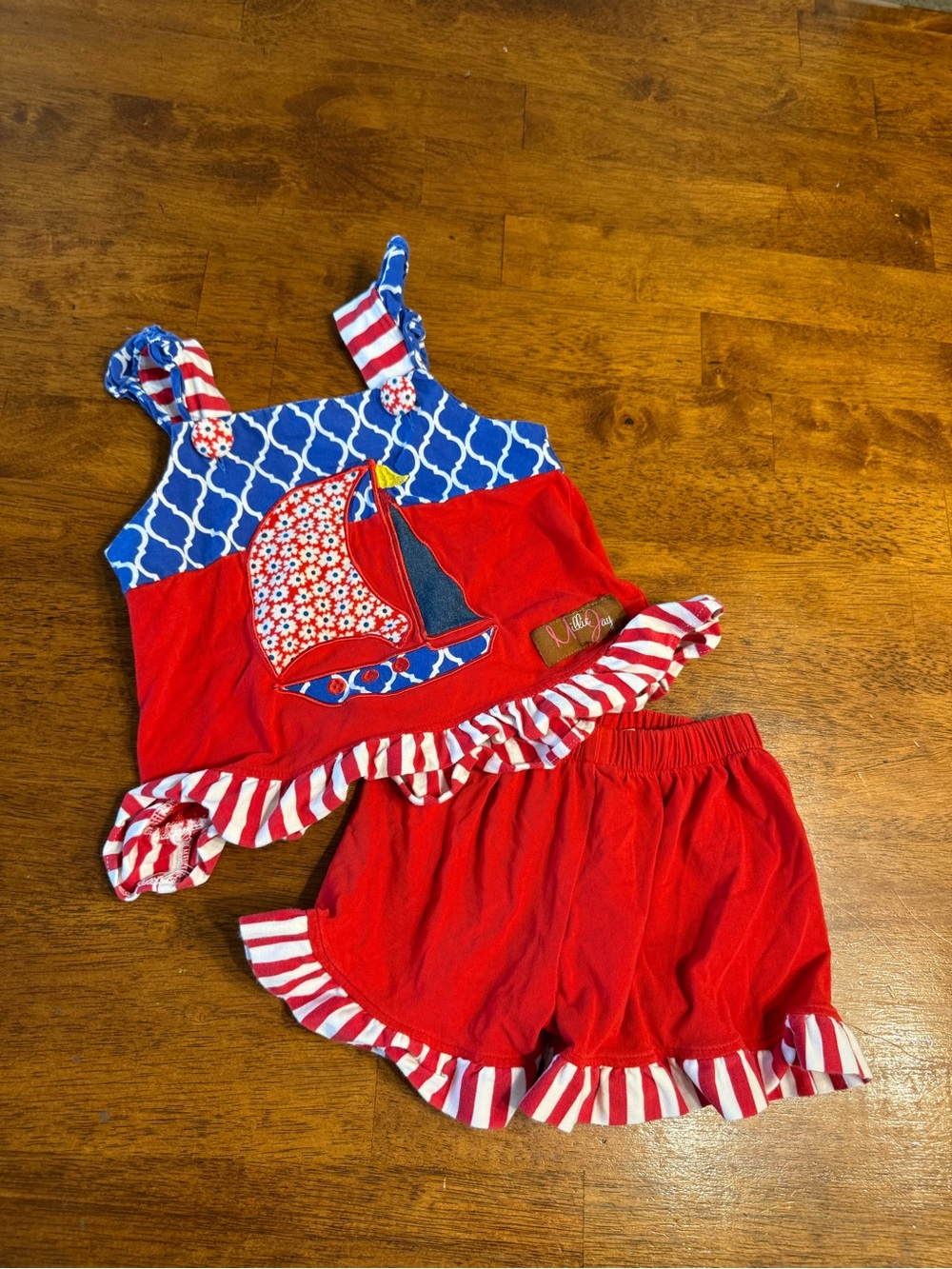 Millie Jay Red Nautical Sailboat Ruffle Tank & Shorts Set size 2T